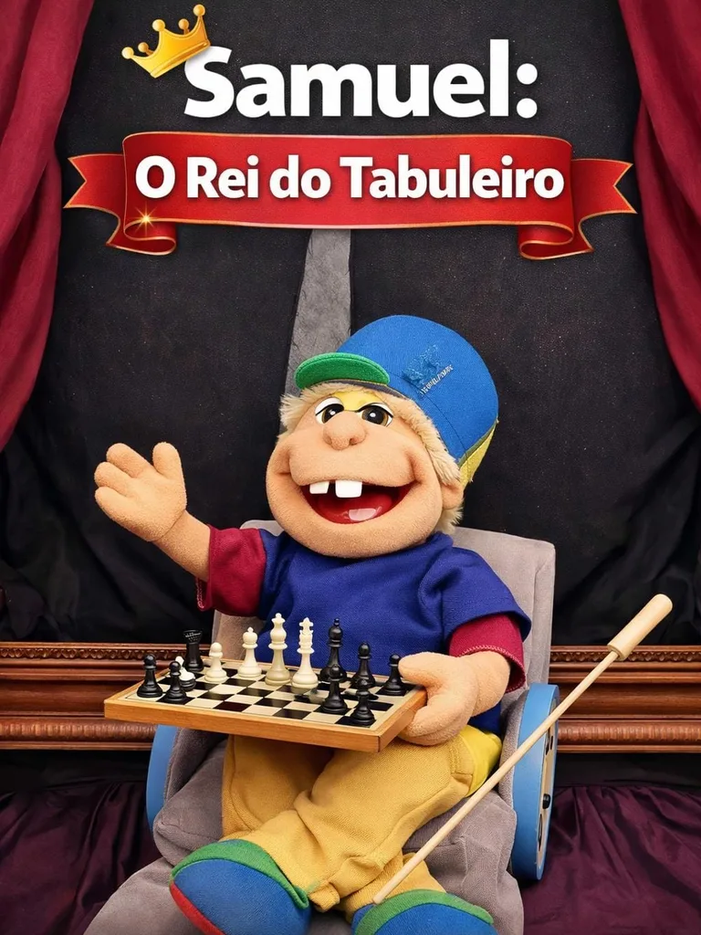 Arte com o fantoche Samuel, o Rei do Tabuleiro, cadeirante, com um tabuleiro de xadrez
